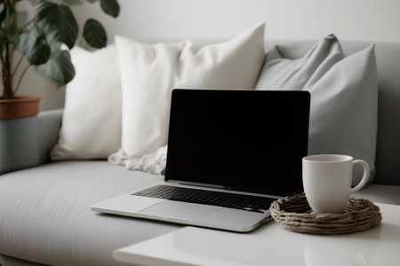 Laptop with blank screen and coffee cup on sofa in living roomの素材