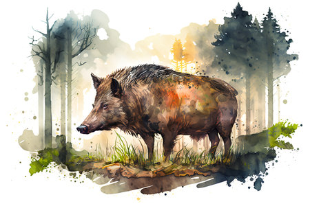 Wild boar in the forest. Watercolor painting. Vector illustrationの素材