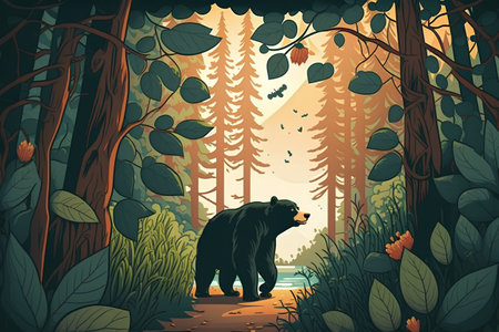 Vector illustration of a bear walking in the forest with trees and plantsの素材