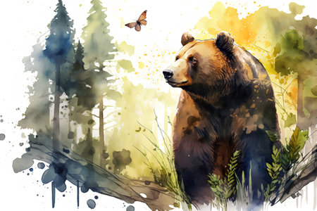 Watercolor illustration of a brown bear on the background of the forest.の素材