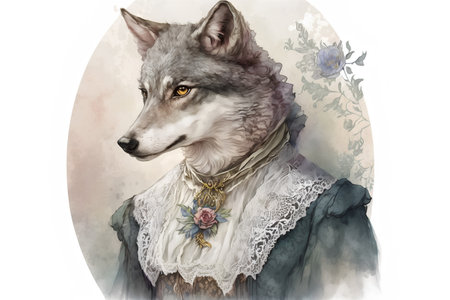 Watercolor portrait of a wolf in a medieval dress with embroidery.の素材