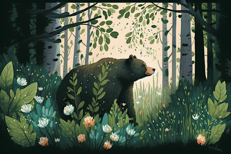 Illustration of a bear in the forest on a summer day.の素材