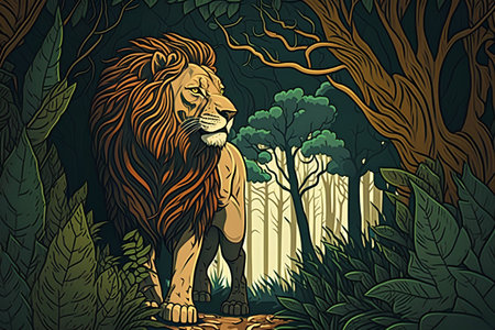 Lion in the jungle. Vector illustration of a lion in the forest.の素材