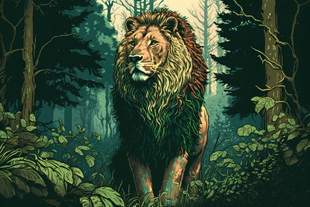 Lion in the forest. Vector illustration of a wild animal.の素材