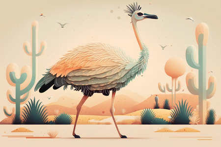 Ostrich in desert. Vector illustration in flat cartoon style.の素材