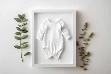 White baby clothes and eucalyptus branches on white background. Flat lay, top view.の素材