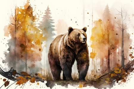 watercolor painting of a brown bear in the autumn forest. illustrationの素材
