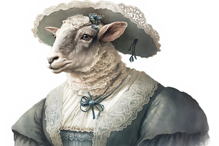 Portrait of a sheep in a hat on a white background.の素材