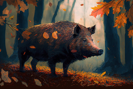 Wild boar in the autumn forest. Illustration for your designの素材