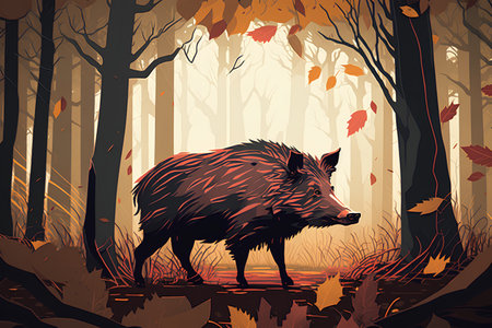 Wild boar in autumn forest. Vector illustration for your design.の素材