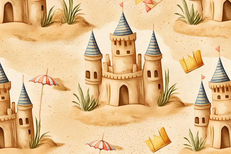 Seamless pattern with sand castles. Hand drawn watercolor illustrationの素材