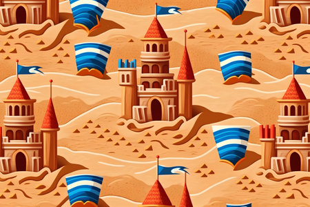 Seamless pattern with sand castles and flags. Vector illustration.の素材