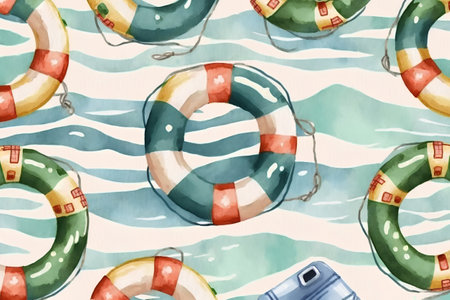 Seamless pattern with lifebuoy. Watercolor illustration.の素材