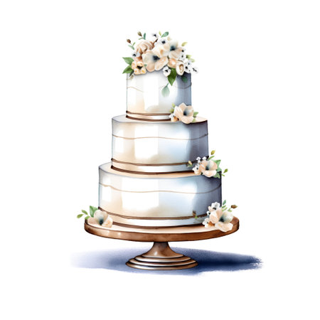 Wedding cake with flowers. Watercolor illustration isolated on white backgroundの素材