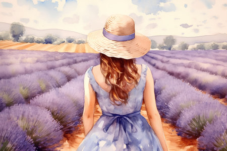 Beautiful young woman in lavender field. Watercolor illustration.の素材