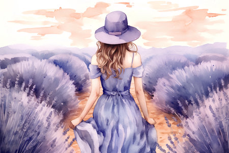 Beautiful girl in a hat in the field. Watercolor illustration.の素材