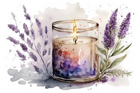 Watercolor lavender candle with lavender flowers, hand drawn illustrationの素材