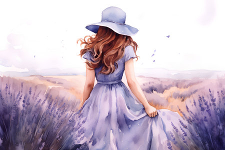 Beautiful girl in a blue dress and hat. Watercolor illustration.の素材