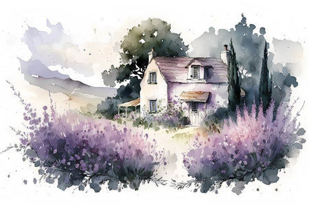 Watercolor illustration of a rural house in the lavender field.の素材