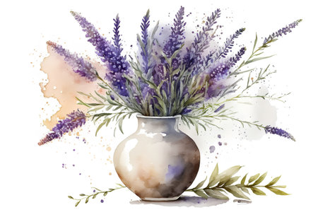 Watercolor lavender bouquet in vase. Hand drawn illustration isolated on white backgroundの素材