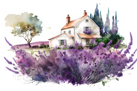 Watercolor illustration of lavender field and old house. Hand drawn illustrationの素材