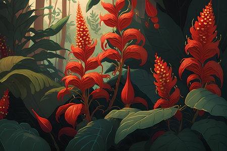 Seamless pattern with red tropical flowers and leaves. Vector illustrationの素材