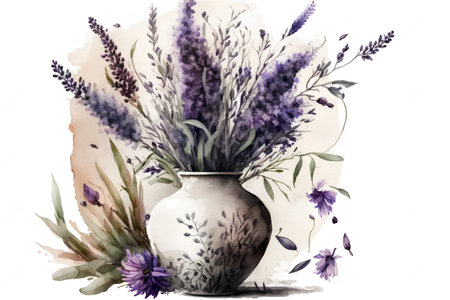 Watercolor bouquet of lavender in a vase on a white backgroundの素材