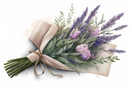 Bouquet of lavender flowers. Watercolor illustration on white backgroundの素材