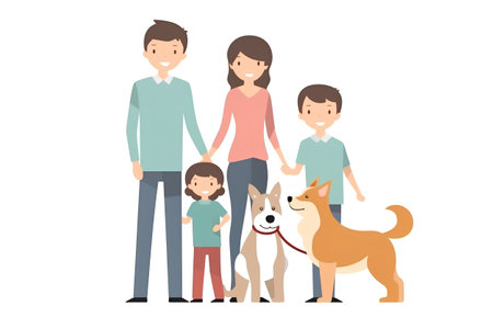 Happy family with children and dog. Vector illustration in flat style.の素材