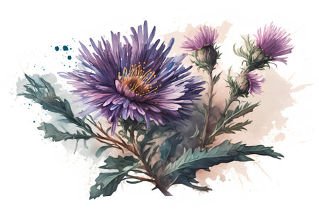 Watercolor aster flowers. Hand painted floral illustration on white background.の素材