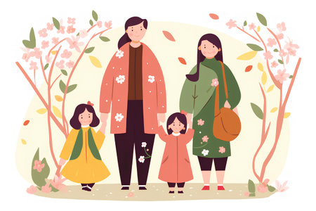 Happy family walking in the park. Mother, father, daughter, sister, brother, sister. Vector illustrationの素材
