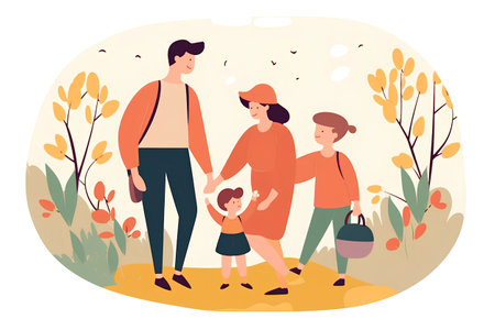 Happy family walking in autumn park. Father, mother and daughter holding hands. Flat vector illustration.の素材
