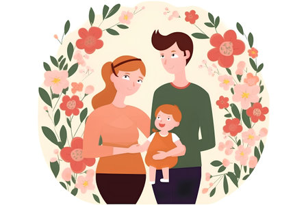 Happy family with a baby in a floral frame. Vector illustration.の素材
