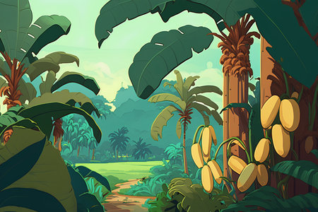 Tropical jungle with palm trees and bananas. Vector illustration.の素材