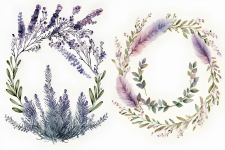 Watercolor lavender, eucalyptus and lavender wreaths.の素材
