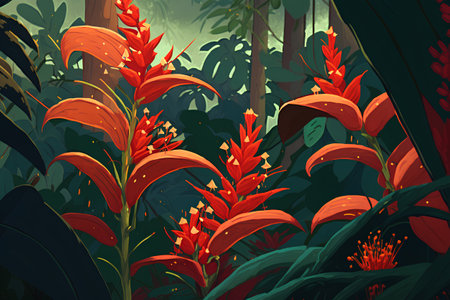 Seamless pattern with red flowers of Heliconia in jungle.の素材