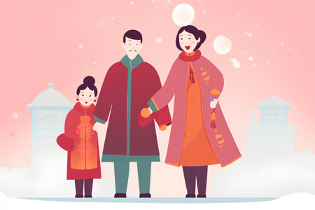 Happy Chinese New Year. Family in Traditional Clothes. Vector Illustrationの素材
