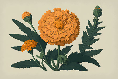 Marigold flower with leaves. Vector illustration in vintage style.の素材