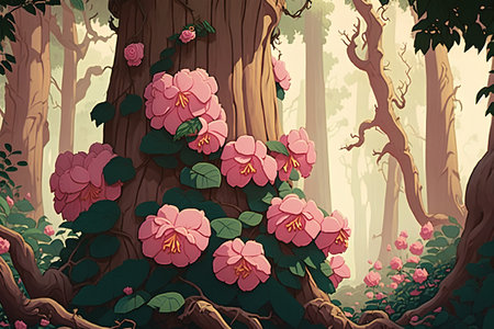 Illustration of pink hibiscus flowers in the forest.の素材