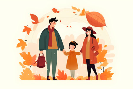 Happy family walking in autumn park. Father, mother and daughter holding hands. Vector illustrationの素材