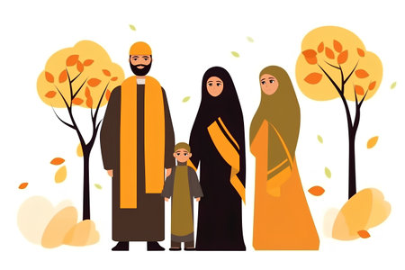 Vector illustration of Muslim family on the background of the autumn forest.の素材