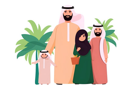 Arabic family vector illustration. Cartoon arab man and woman in traditional clothes.の素材