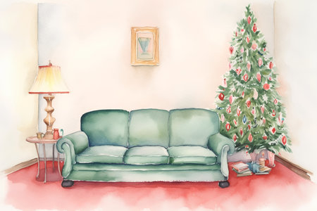 Christmas living room with a green sofa and a Christmas tree. Watercolor illustration.の素材