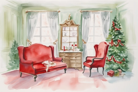 Christmas living room with red armchair and Christmas tree. Vector illustration.の素材