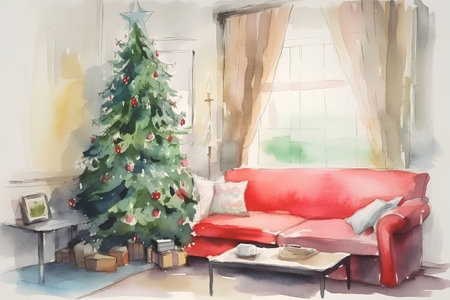 Christmas tree and gifts in the living room. Watercolor painting.の素材