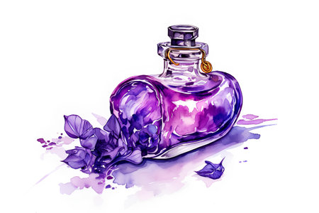 Bottle of perfume with lavender. Hand drawn watercolor illustrationの素材