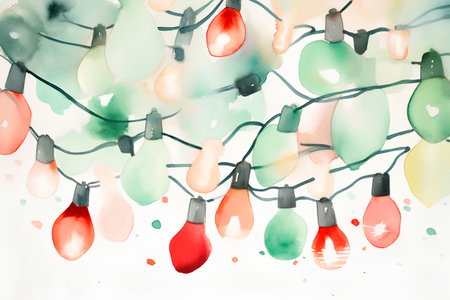 Watercolor Christmas garland with light bulbs. Hand drawn illustration.の素材