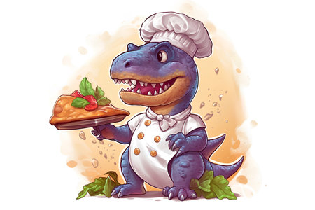 Cute cartoon dinosaur chef with a plate of pizza. Vector illustration.の素材