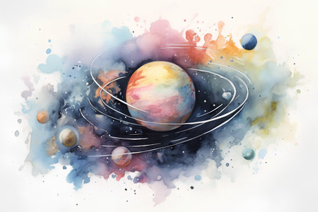 Planets in space. Cosmic art. Watercolor hand drawn illustrationの素材