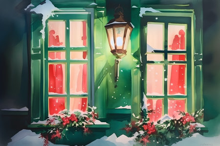 Beautiful winter night in european village. Watercolor paintingの素材